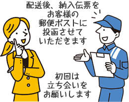 配送後、納入伝票をお客様の郵便ポストへ投函させていただきます。※初回は立ち合いをお願いします。